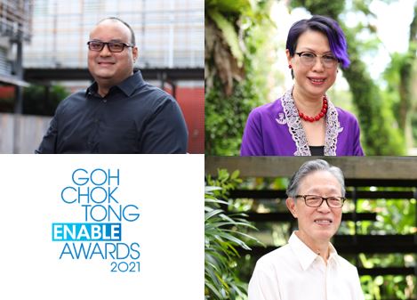 Richard Kuppusamy, Dr Dawn-joy Leong and Lim Chin Heng, Awardees of Goh Chok Enable Awards 2021 (UBS Achievement)