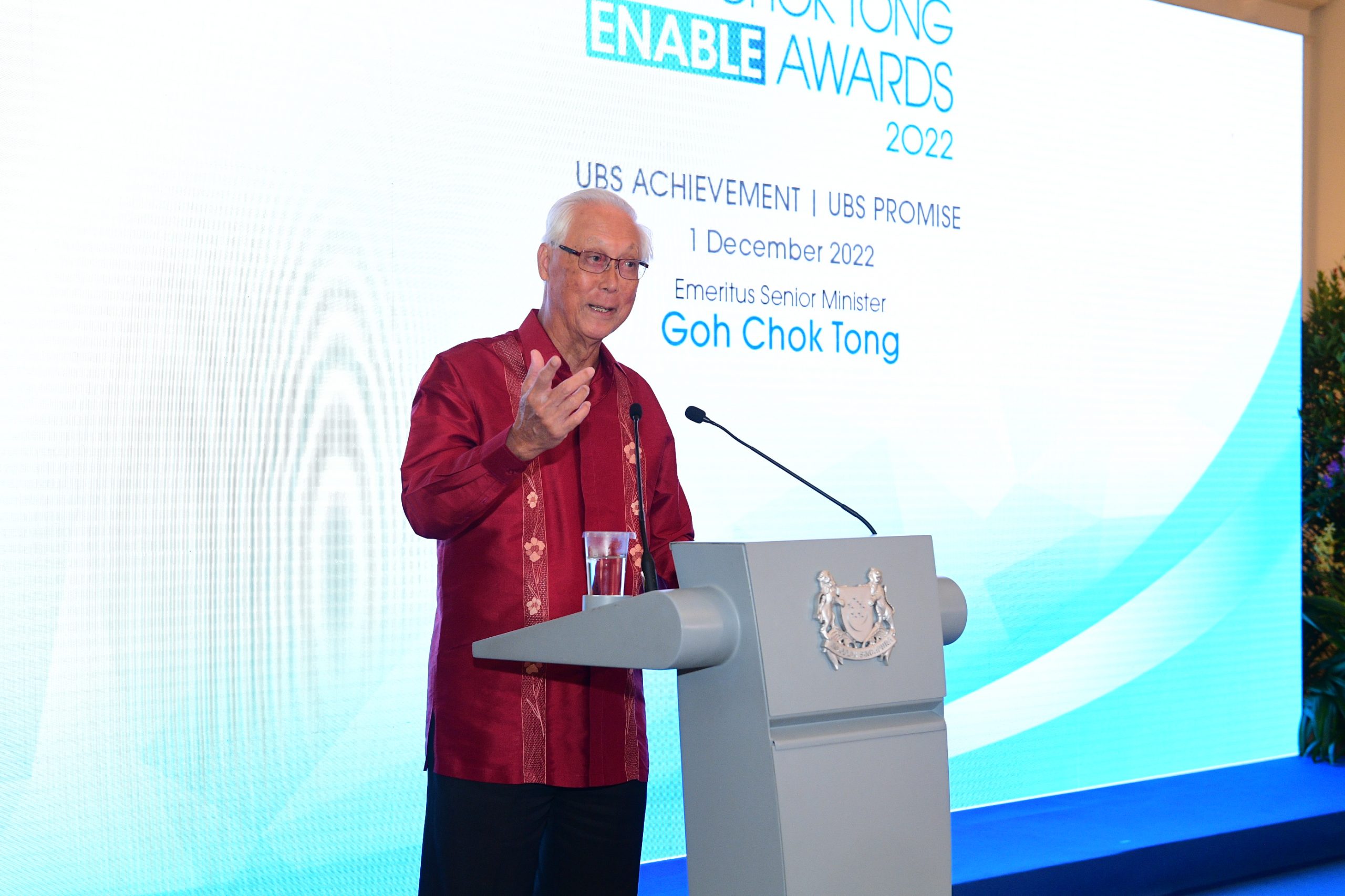 Photos show Emeritus Senior Minister Goh Chok Tong giving a speech.