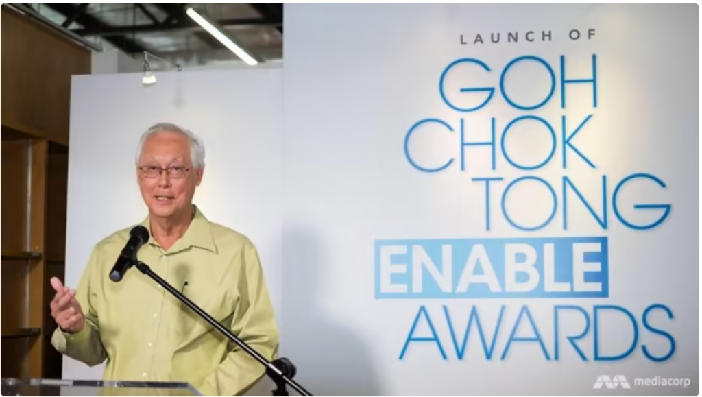 Photo shows Emeritus Senior Minister Goh Chok Tong speaking at the launch of the GCT Enable Awards.